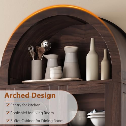 Brown Arched Bookshelf Pantry Storage Cabinet with Drawers Doors and Shelves E577703