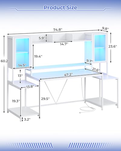 White 74.8'' Gaming Desk with LED Lights, Hutch and Storage Shelves P119