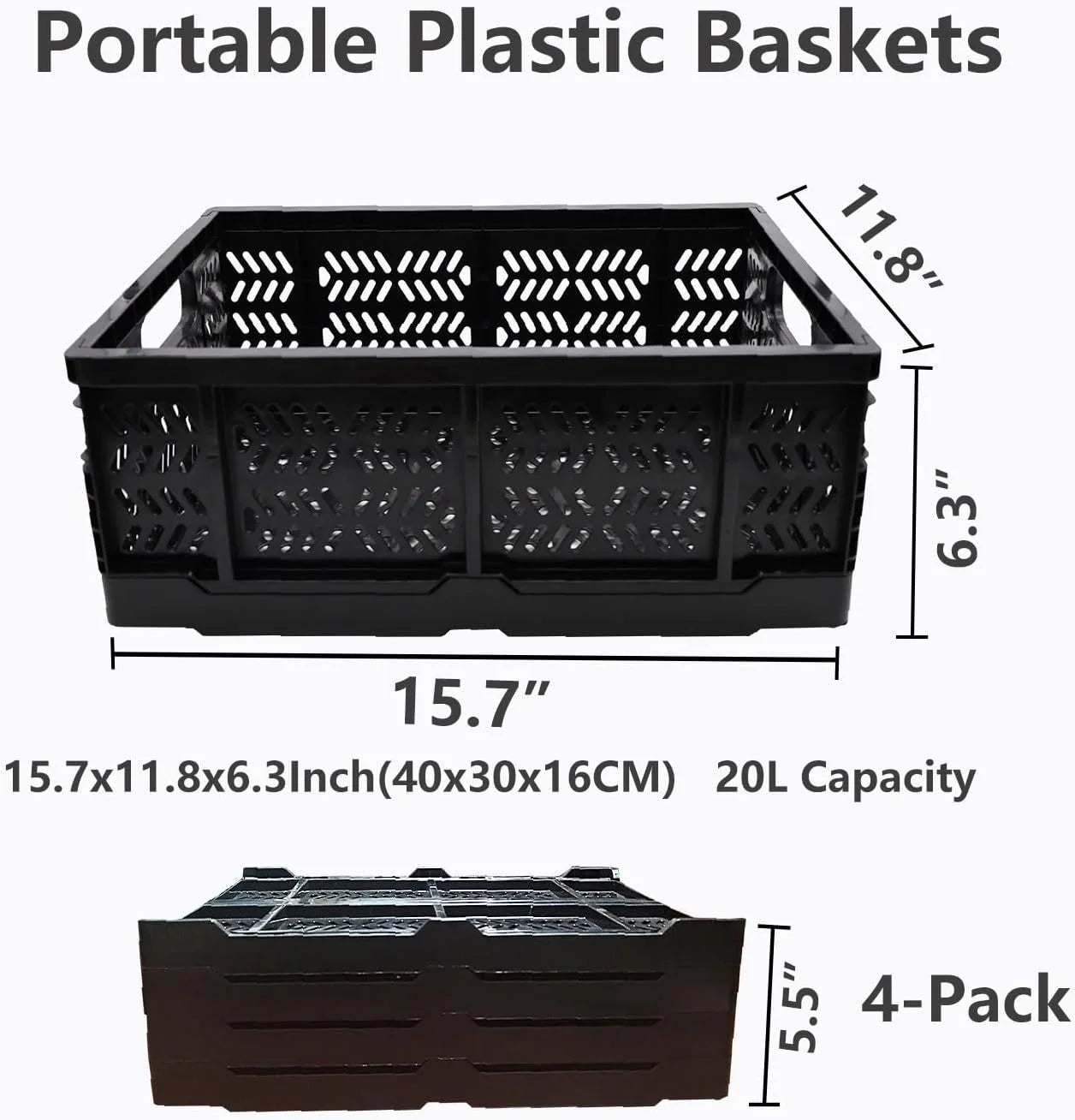 4-Pack Plastic Foldable Storage Crates, 20L, Black K2072
