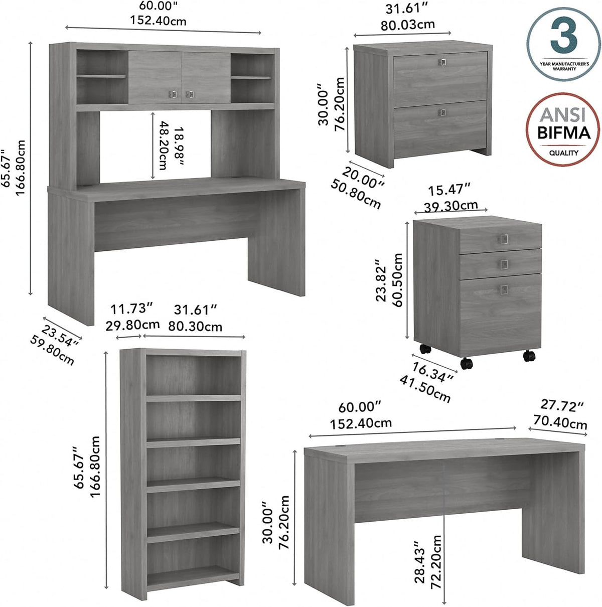 Modern Gray Bow Front Desk with Credenza, Hutch, Bookcase and File Cabinets H166954