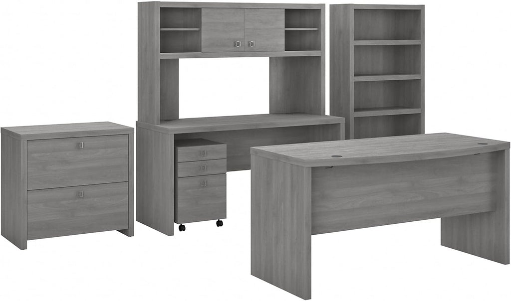 Modern Gray Bow Front Desk with Credenza, Hutch, Bookcase and File Cabinets H166954