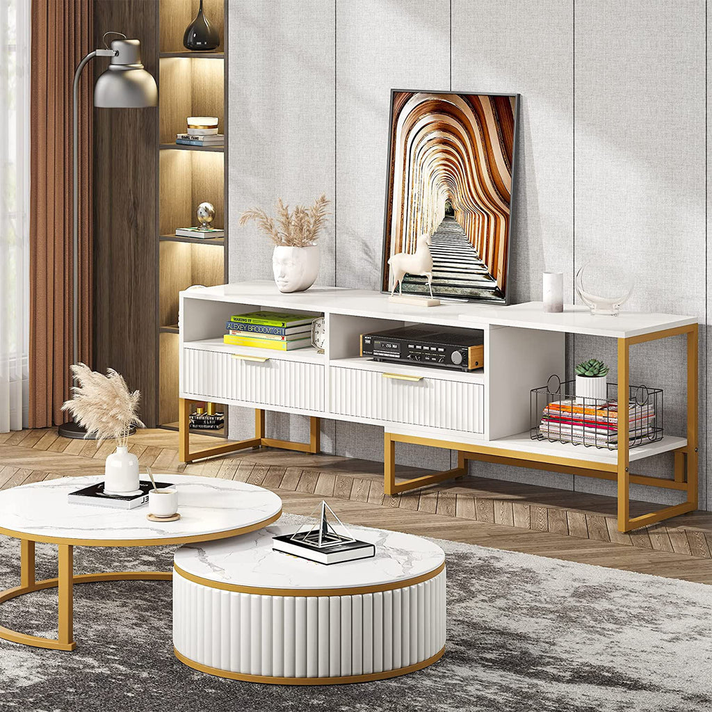 White and Gold TV Stand with 2 Drawers and Open Shelves C173