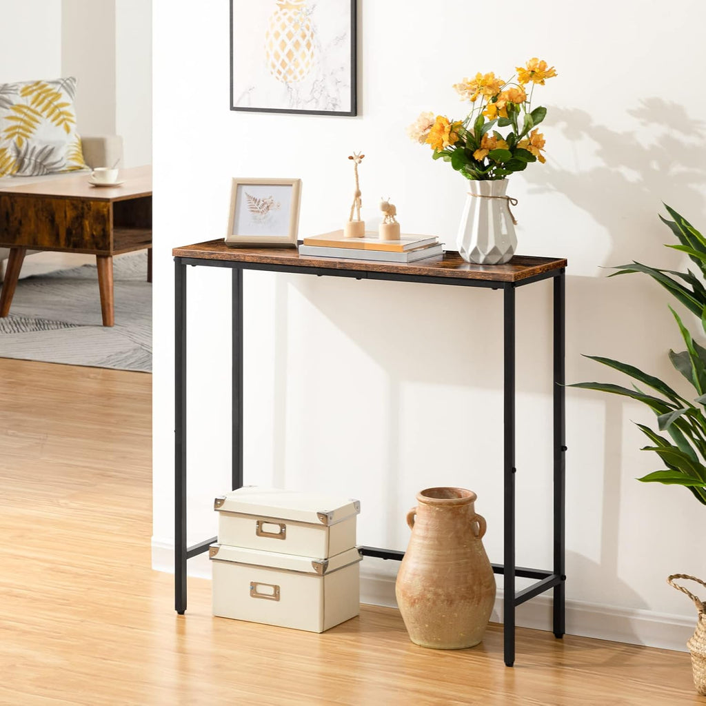 Rustic Brown and Black Narrow Console Table with 2 Fabric Drawers K707