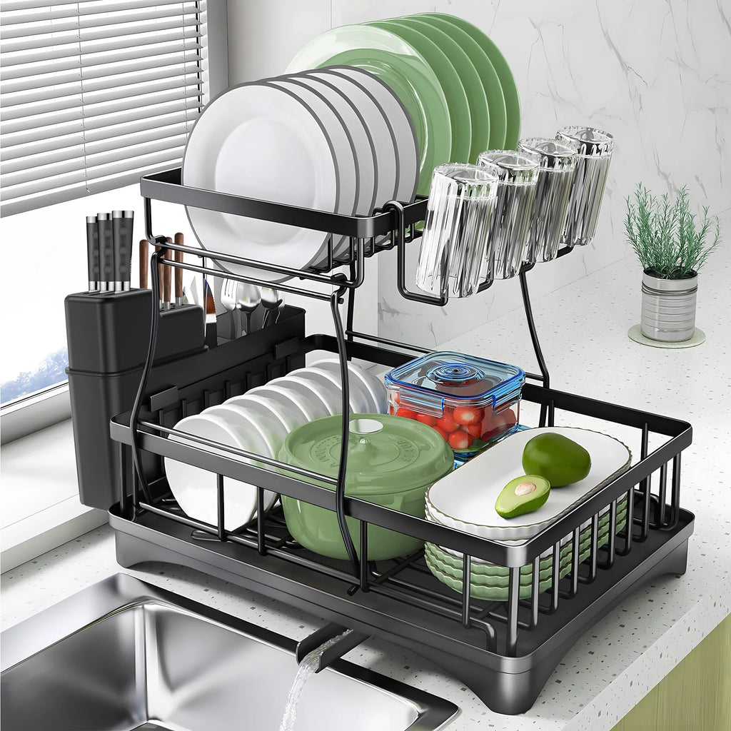 2 Tier Stainless Steel Dish Drying Rack with Drain Board U243