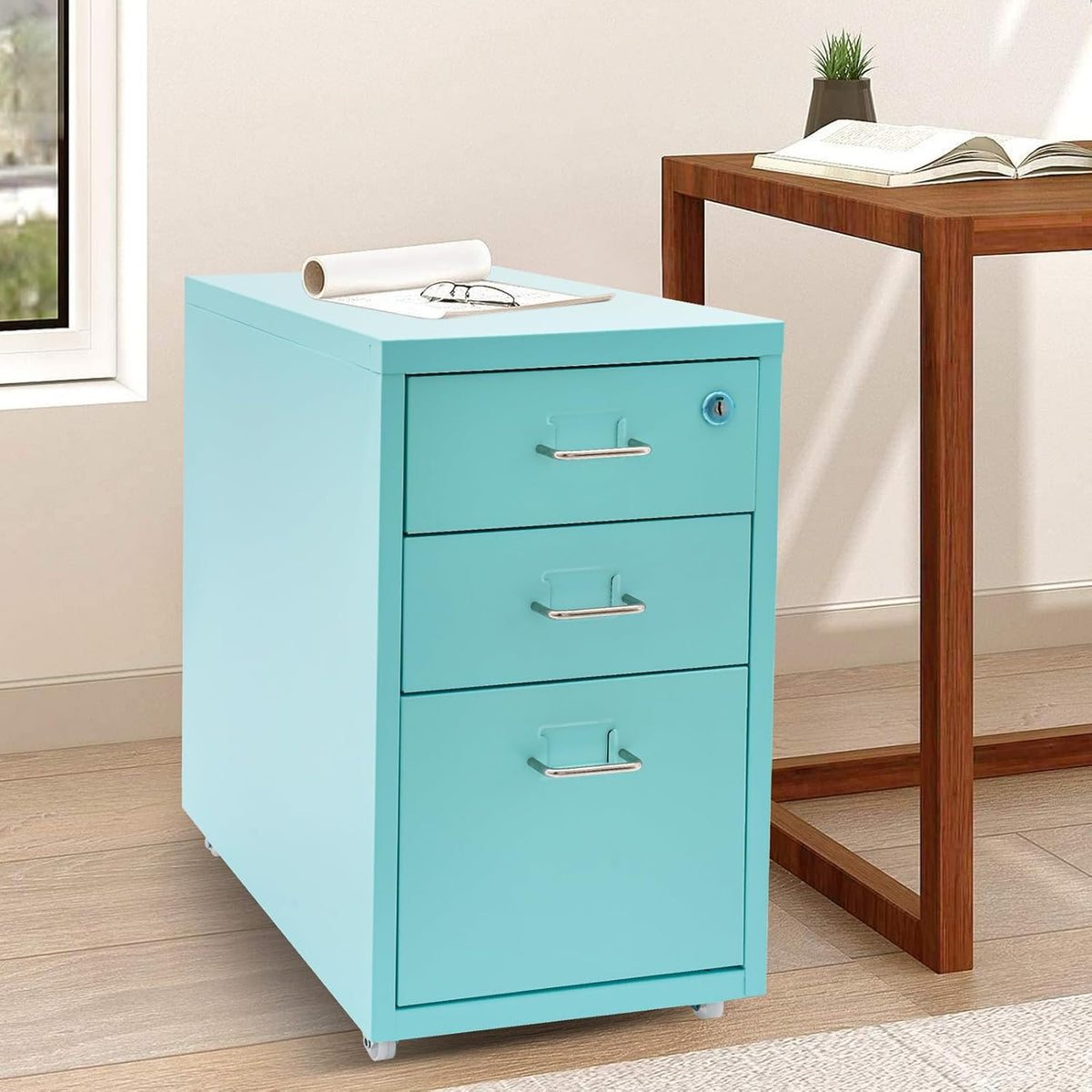 Blue 3 Drawer Mobile Metal Filing Cabinet with Lock N286