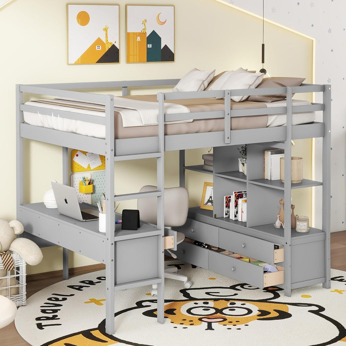 Full Size Solid Wood Loft Bed with Desk and 2 Drawers, Grey Q105