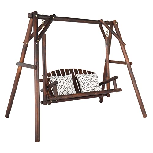 6.5' Outdoor Porch Swing Rustic Loveseat Solid Wooden Natural Log Garden Swing (Carbonized) B65676