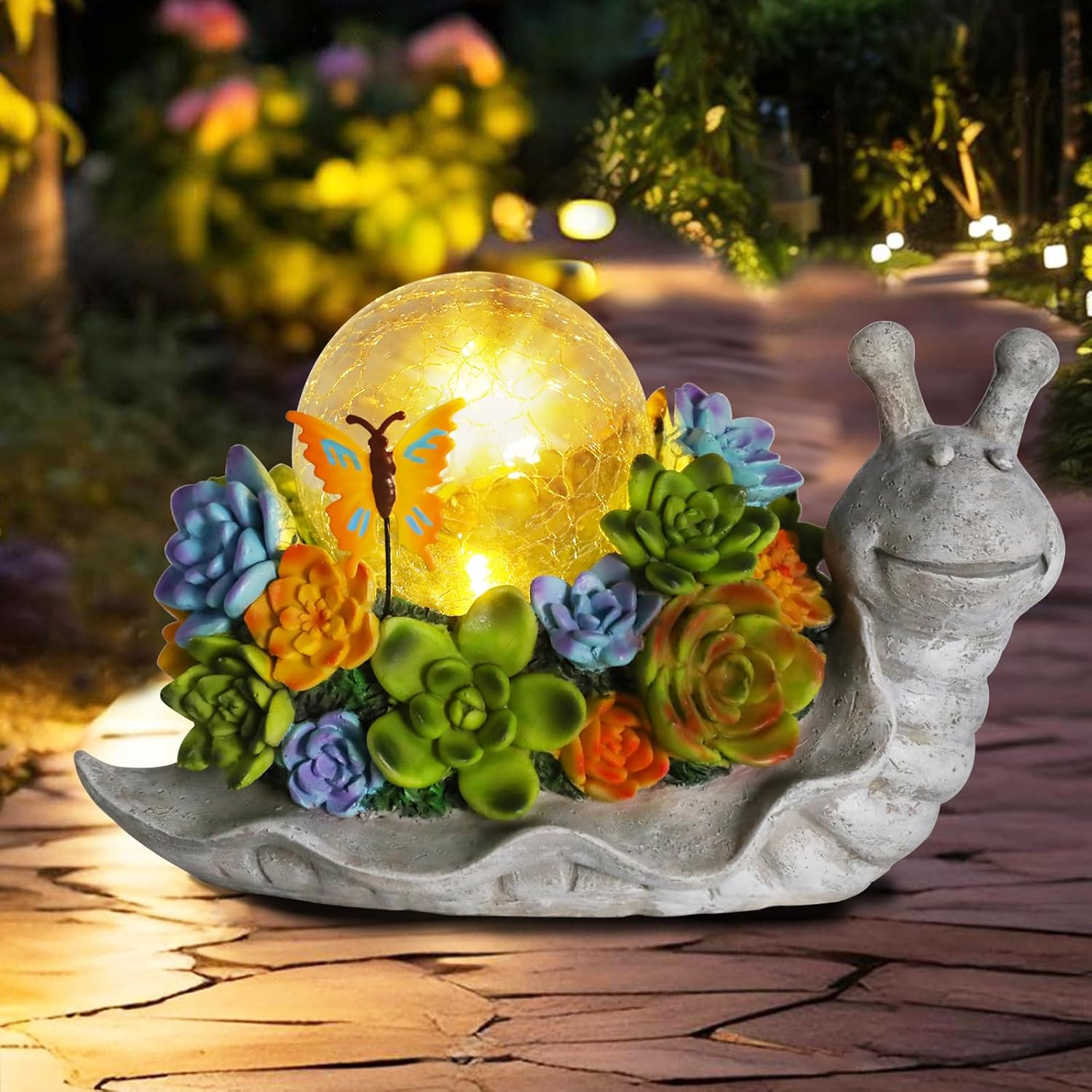 Solar Garden Snail Statue with Succulent and Solar Lights N75950