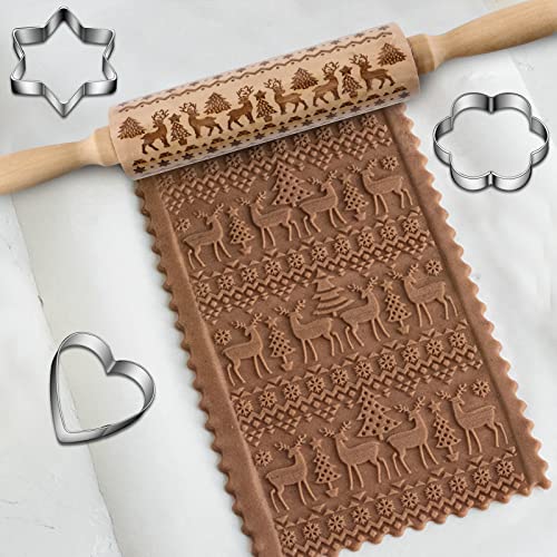 4Pack Christmas Wooden 3D Rolling Pins Embossed L591
