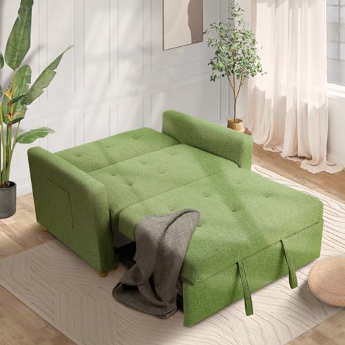 49" 2-Seater Linen Fabric Convertible Sofa Bed with Adjustable Backrest and 2 Pillows R55509