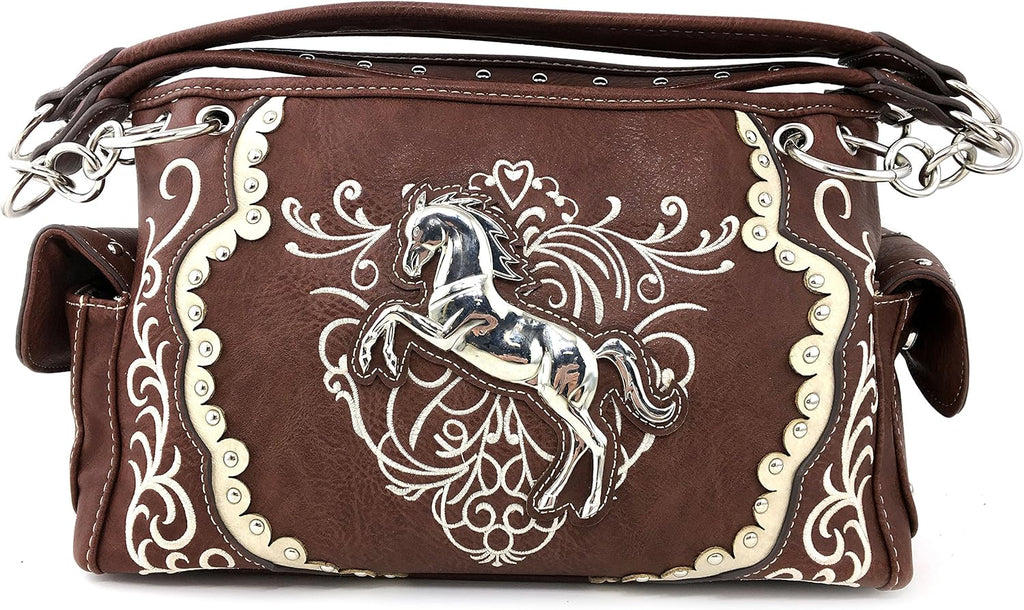 Brown Horse Embroidery Studded Concealed Carry Handbag Purse and Wallet O798