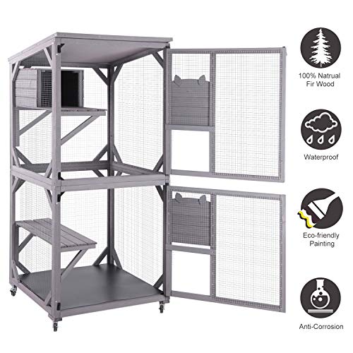 Large Wooden Catio with Run on Wheels (grey) P397364