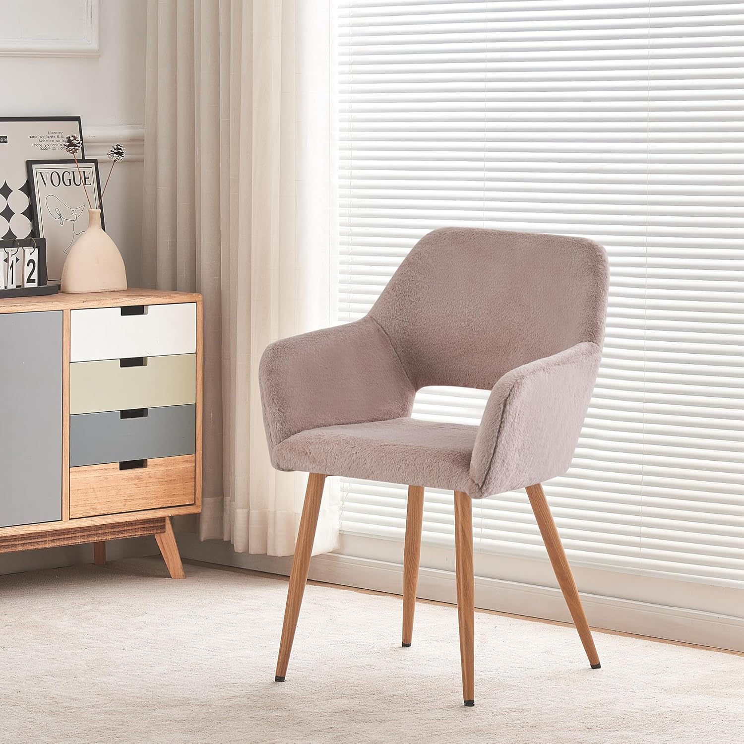 Grey Faux Fur Side Chair with Wood Metal Legs N757388