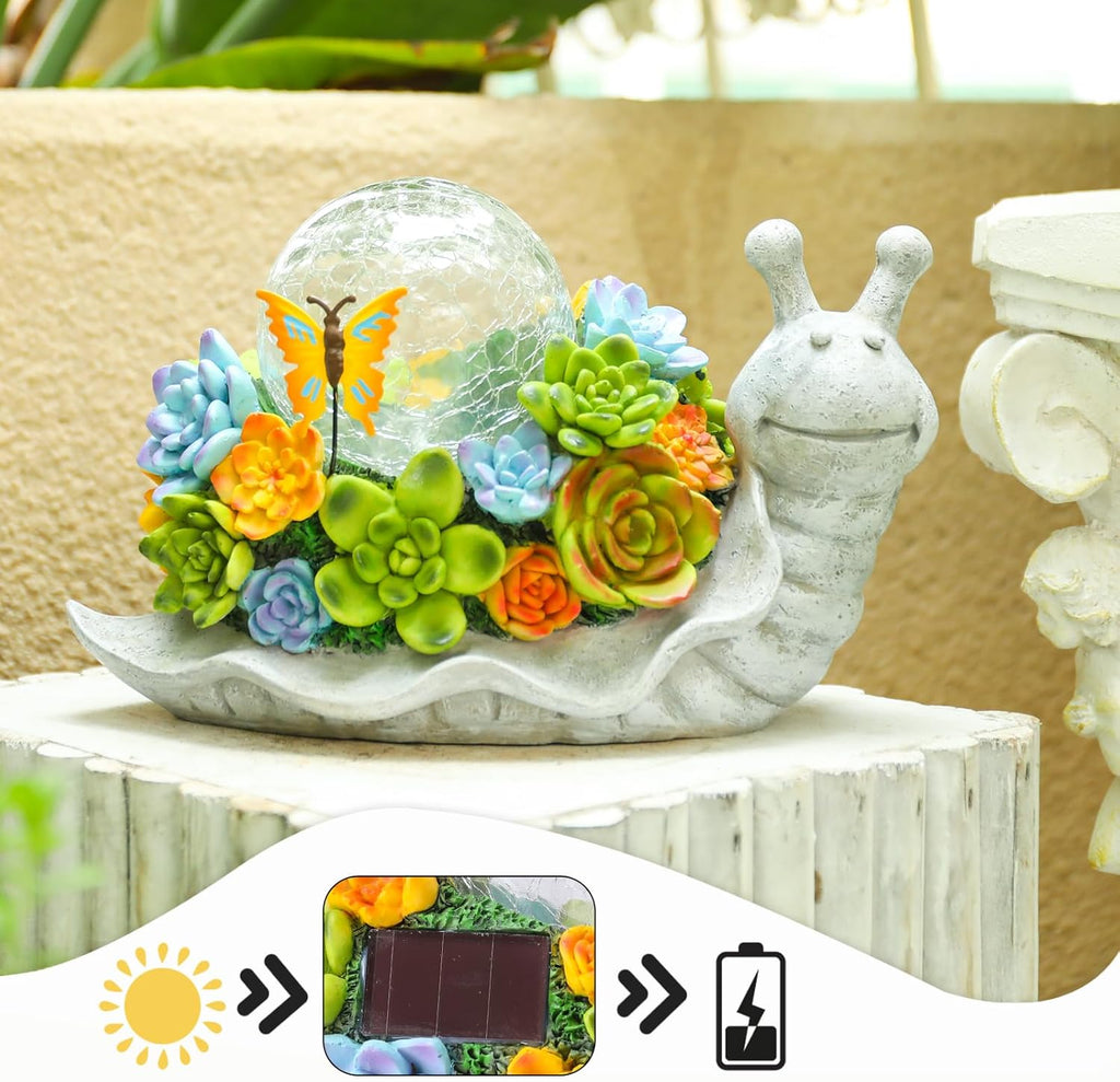 Solar Garden Snail Statue with Succulent and Solar Lights N75950