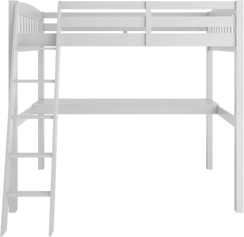 White High Loft Bed with Desk and Storage, Solid Wood Twin Size Loft Bed Frame with Stairs H677777