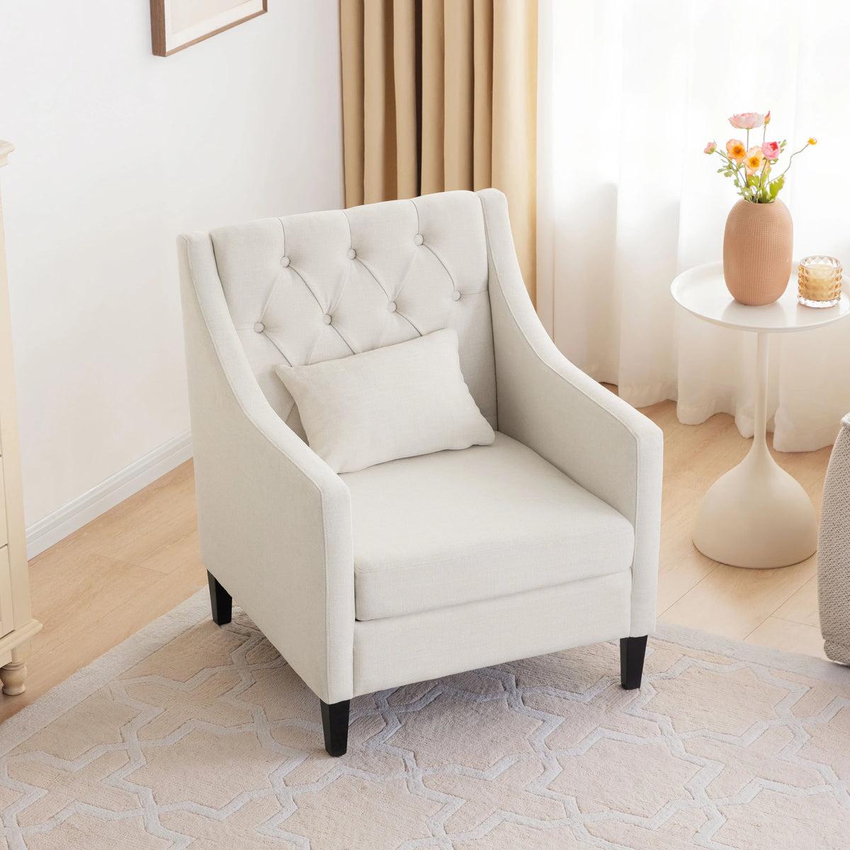 Beige Fabric Accent Chair with Wood Frame H6388