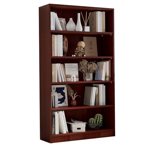 5 Shelf Wooden Bookcase, 60 Inch Height, Cherry P7194