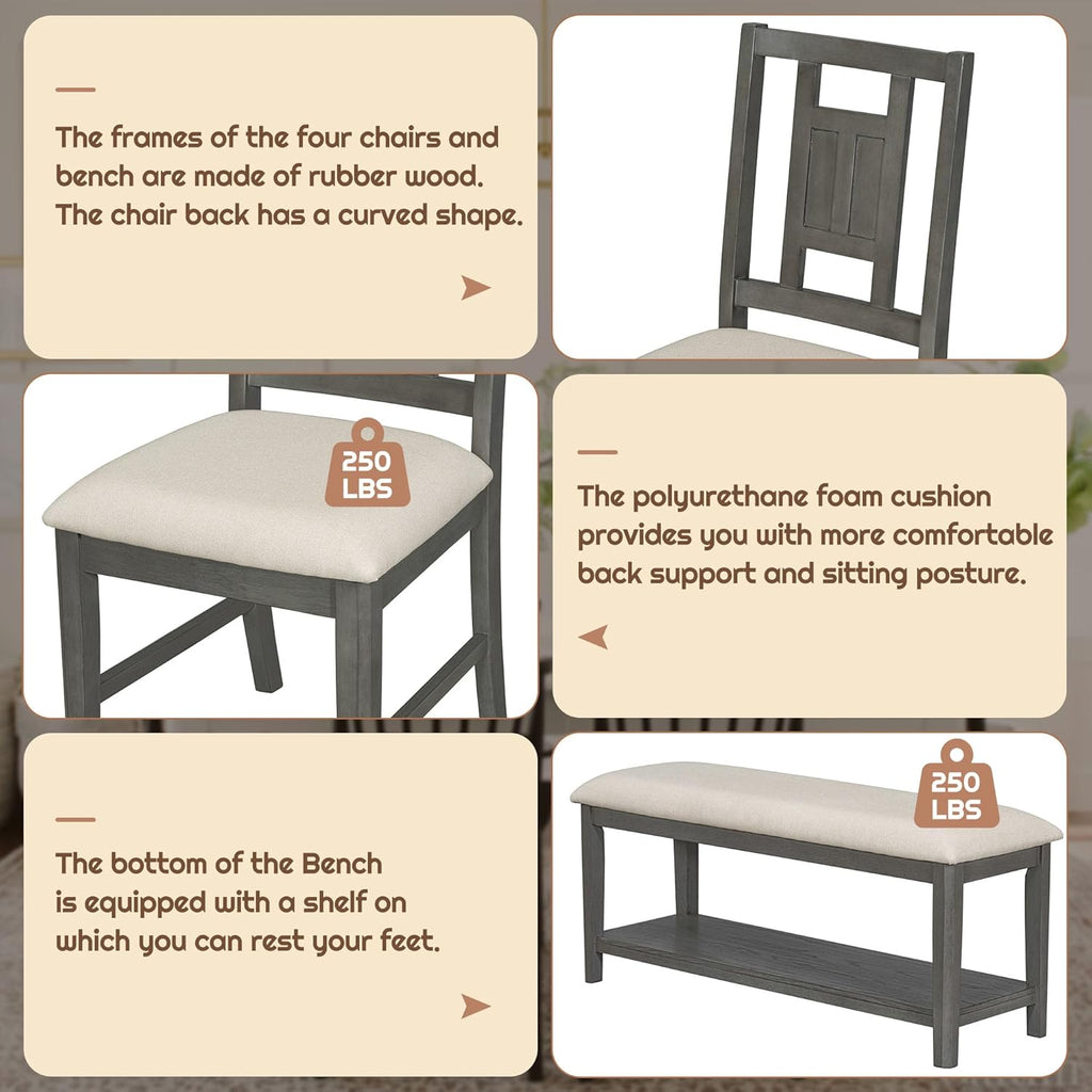 6-Piece Dining Table Set with 4 Upholstered Chairs and 1 Bench, Solid Wood, Dark Gray R132579