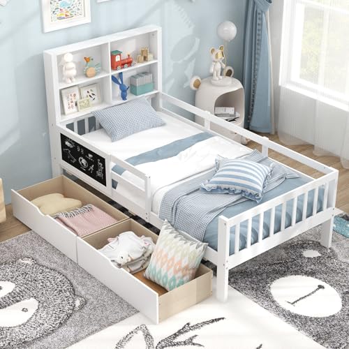 White Full Size Solid Wood Bed Frame with 2 Storage Drawers K79713