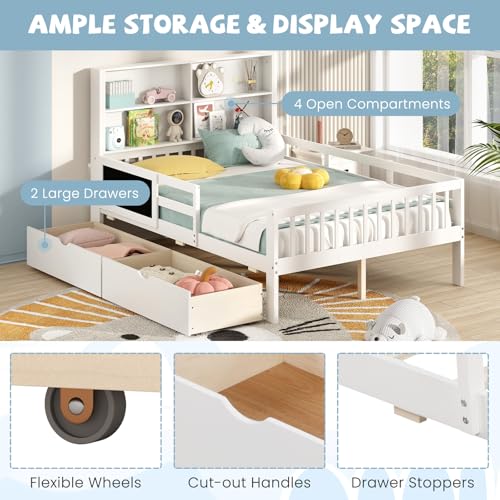 White Full Size Solid Wood Bed Frame with 2 Storage Drawers K79713