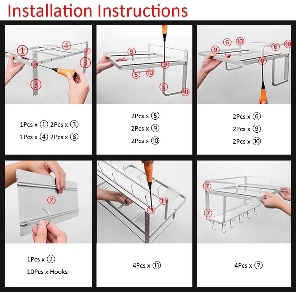Aluminum Microwave Oven Wall Mount Double Deck Shelf With Hooks G223