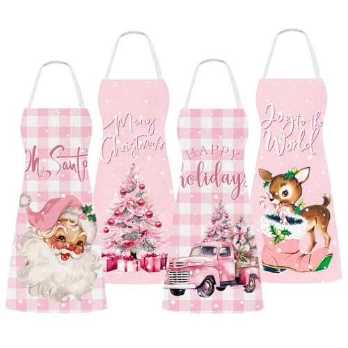 4Pcs Pink Christmas Kitchen Cooking Aprons A64332