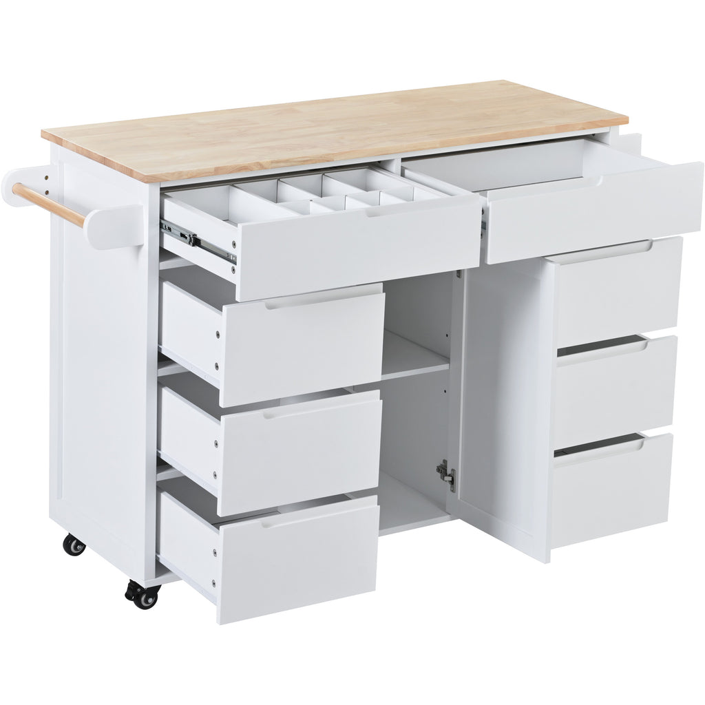 Rolling Kitchen Island with Storage, Rubber Wood Mobile Kitchen Cart with Lockable Wheels, Drawers, Shelves T324419