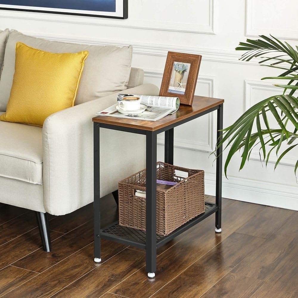 Industrial Rustic Brown Side Table with Mesh Shelf D832799