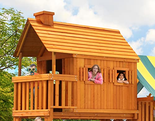 Solid Cedar Wood Swing Set with Built-in Tree House, Wave Slide, Spiral Slide L7577