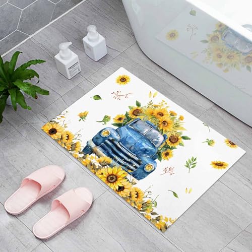 Yellow Sunflowers on Farm Truck Indoor Door Mats, Non-Slip Low Profile Entryway Rugs, Summer Floral on White, 18x30IN N96582