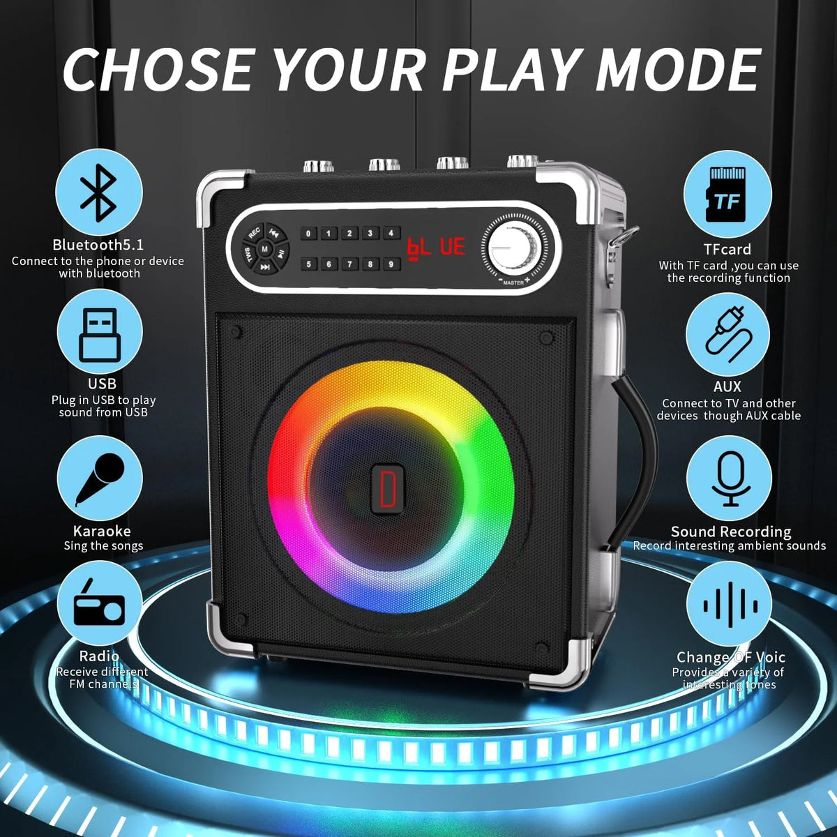 Karaoke Machine with 2 Wireless Microphones, Bluetooth Speaker J5747