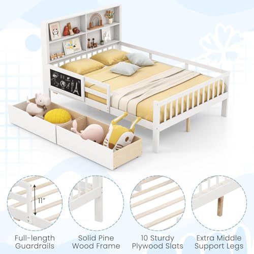 White Full Size Solid Wood Bed Frame with 2 Storage Drawers K79713
