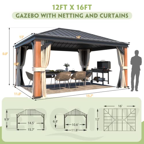 12'x20' Hardtop Galvanized Steel Aluminum Frame Gazebo with Netting and Curtains J402825