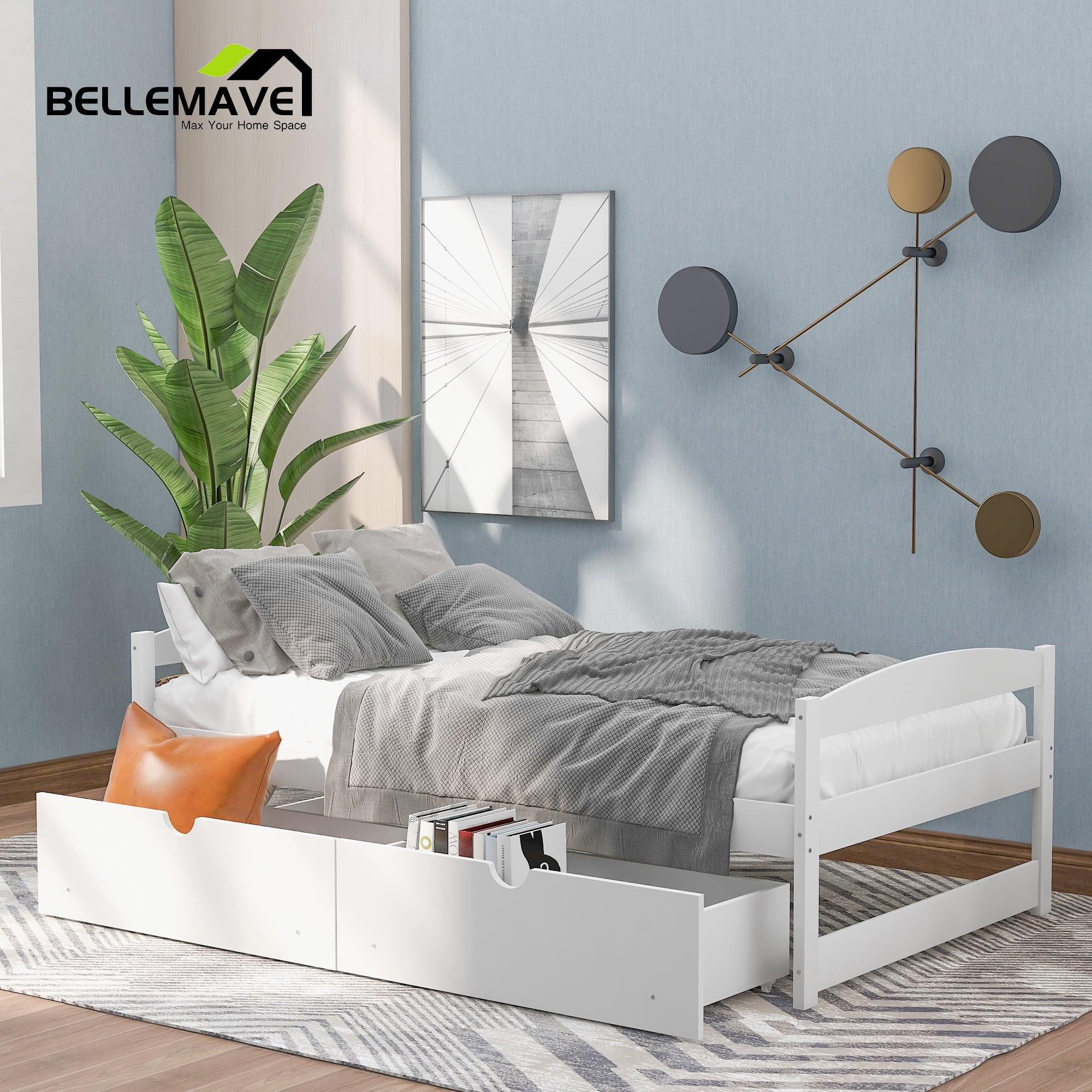 White Twin Size Platform Bed with 2 Drawers N820