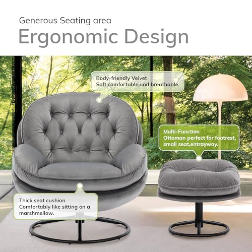 Gray Velvet Swivel Accent Chair with Ottoman Set L960
