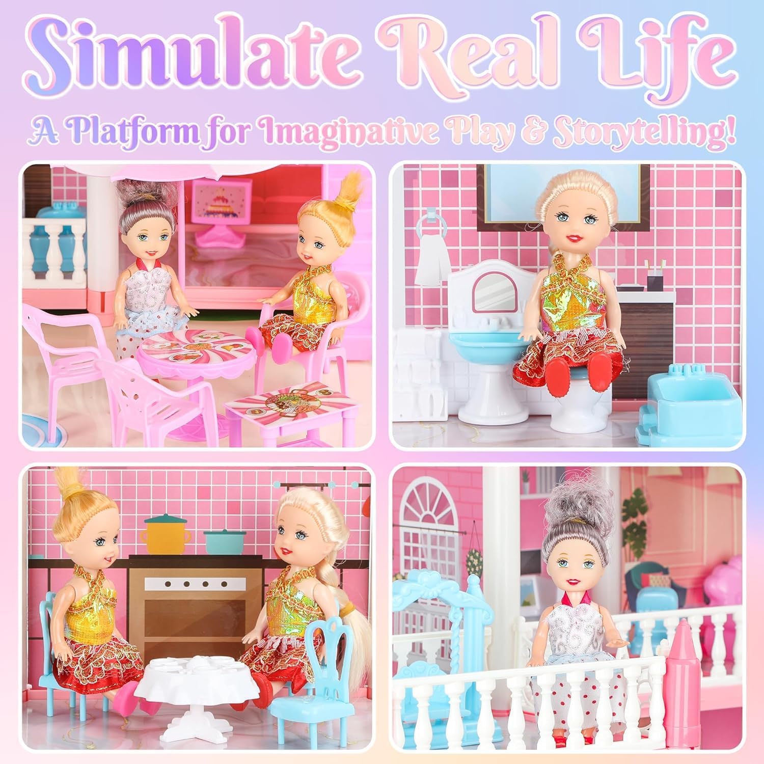 4-Story 15 Rooms Dollhouse with 3 Dolls, Lights, Furniture and Accessories P29161