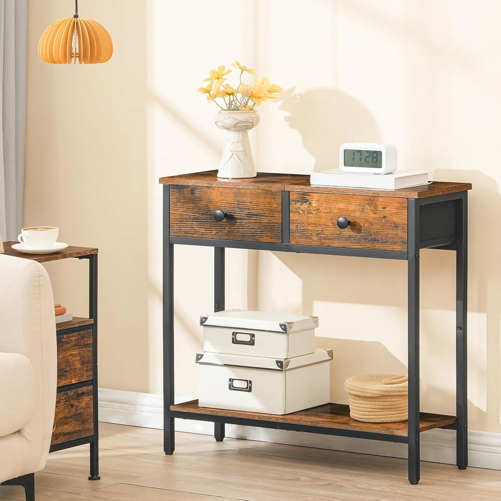 Rustic Brown and Black Narrow Console Table with 2 Fabric Drawers K707