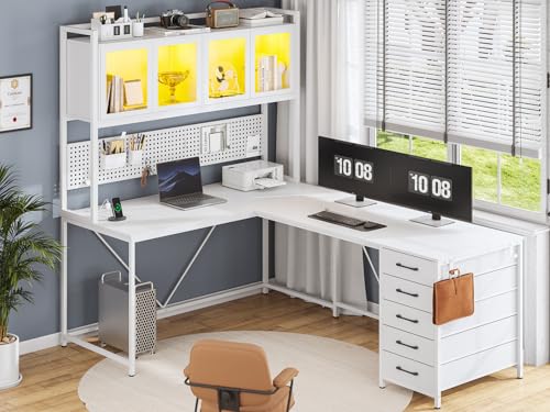 White L Shaped Gaming Desk with Drawers and Hutch S7705