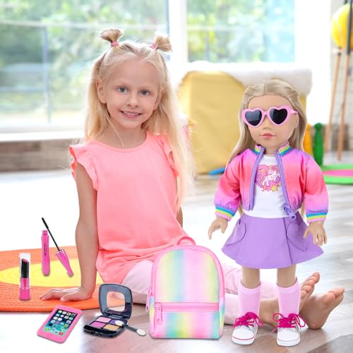 18 Inch Doll Clothes and Makeup Accessories Set with Rainbow Backpack A20017