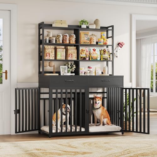 Black Wood & Metal Large Dog Crate Furniture with 4-Tier Shelves and 2 Storage Drawers T626099
