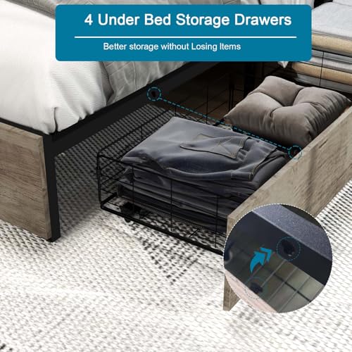 Black Full Size Bed Frame with Headboard, LED, 4 Storage Drawers, Charging Station Z969