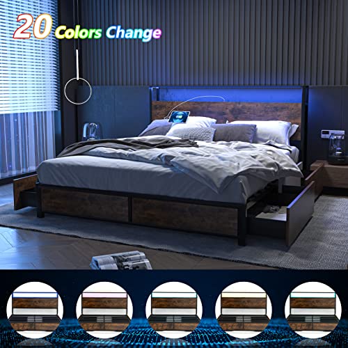 Full Size Metal Bed Frame with Storage Drawers, Rustic Brown X322