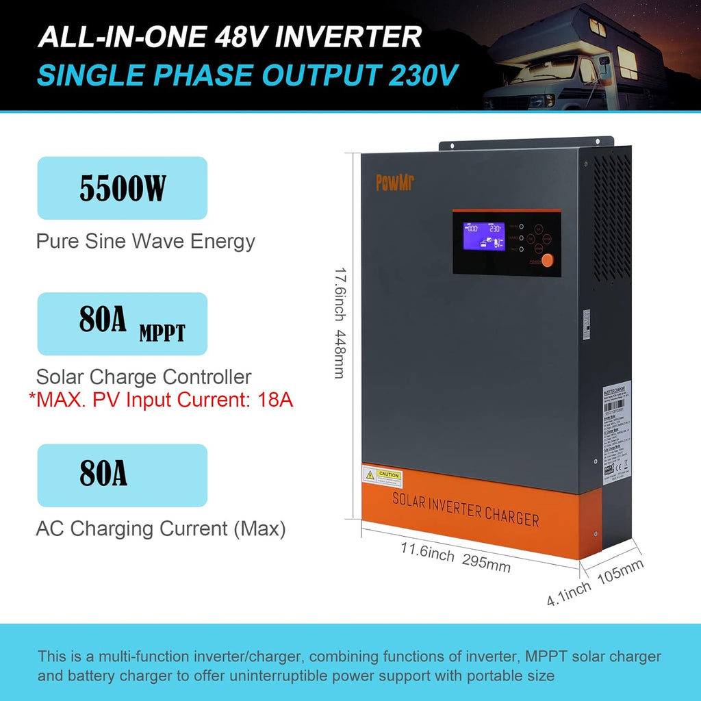 5500W Solar Hybrid Inverter with 80A MPPT Charge Controller 48V DC to 220/230V AC Pure Sine Wave Inverter O790