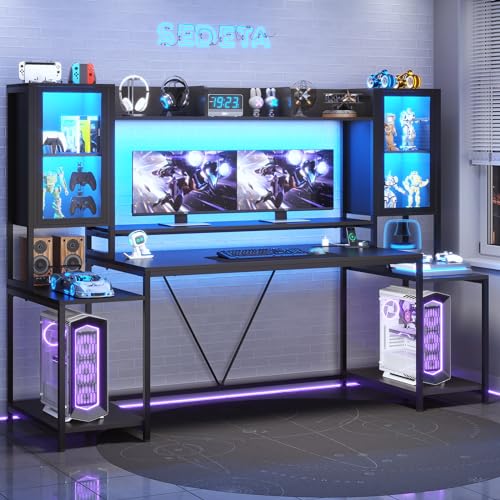 White 74.8'' Gaming Desk with LED Lights, Hutch and Storage Shelves P119