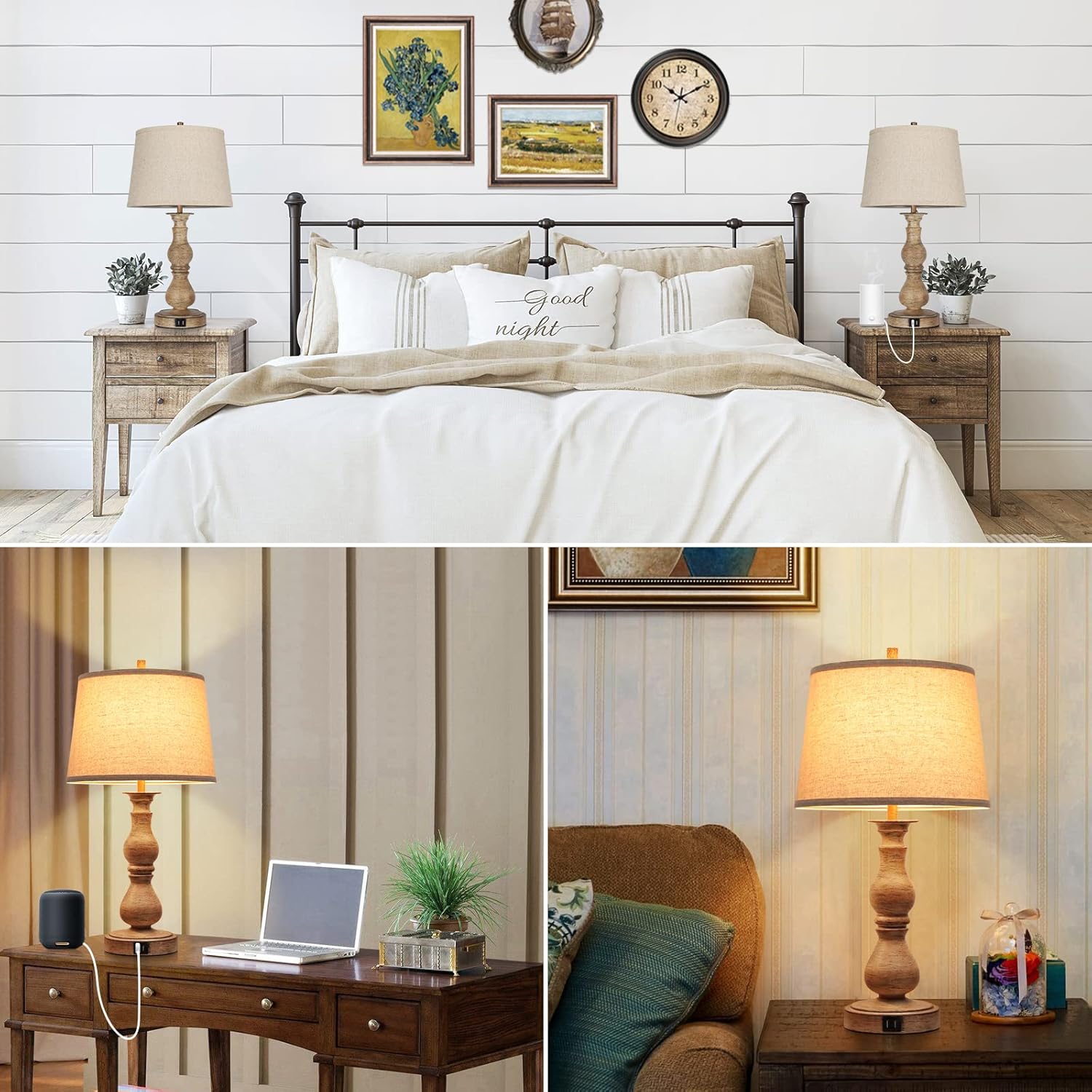 Set of 2 Touch Control Table Lamps with USB Ports, Cream Shades E164