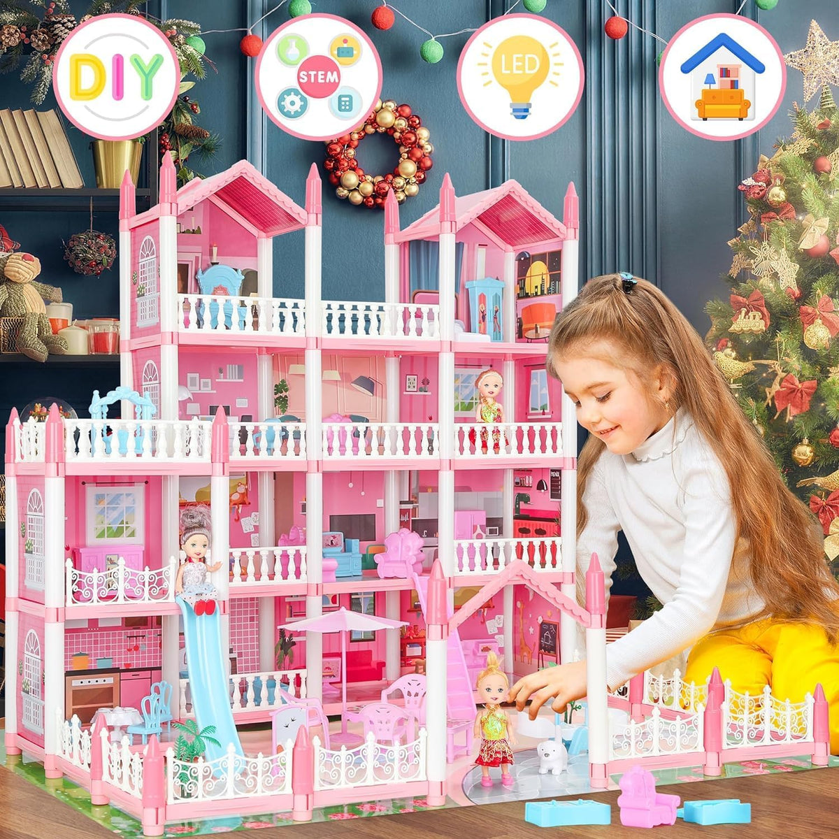 4-Story 15 Rooms Dollhouse with 3 Dolls, Lights, Furniture and Accessories P29161