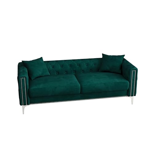 Blue Velvet 3 Seaters Sofa with Nailhead Decor and Metal Legs, 83" I30580