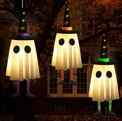 Set of 4 Halloween Hanging Ghosts with Witch Hat J679