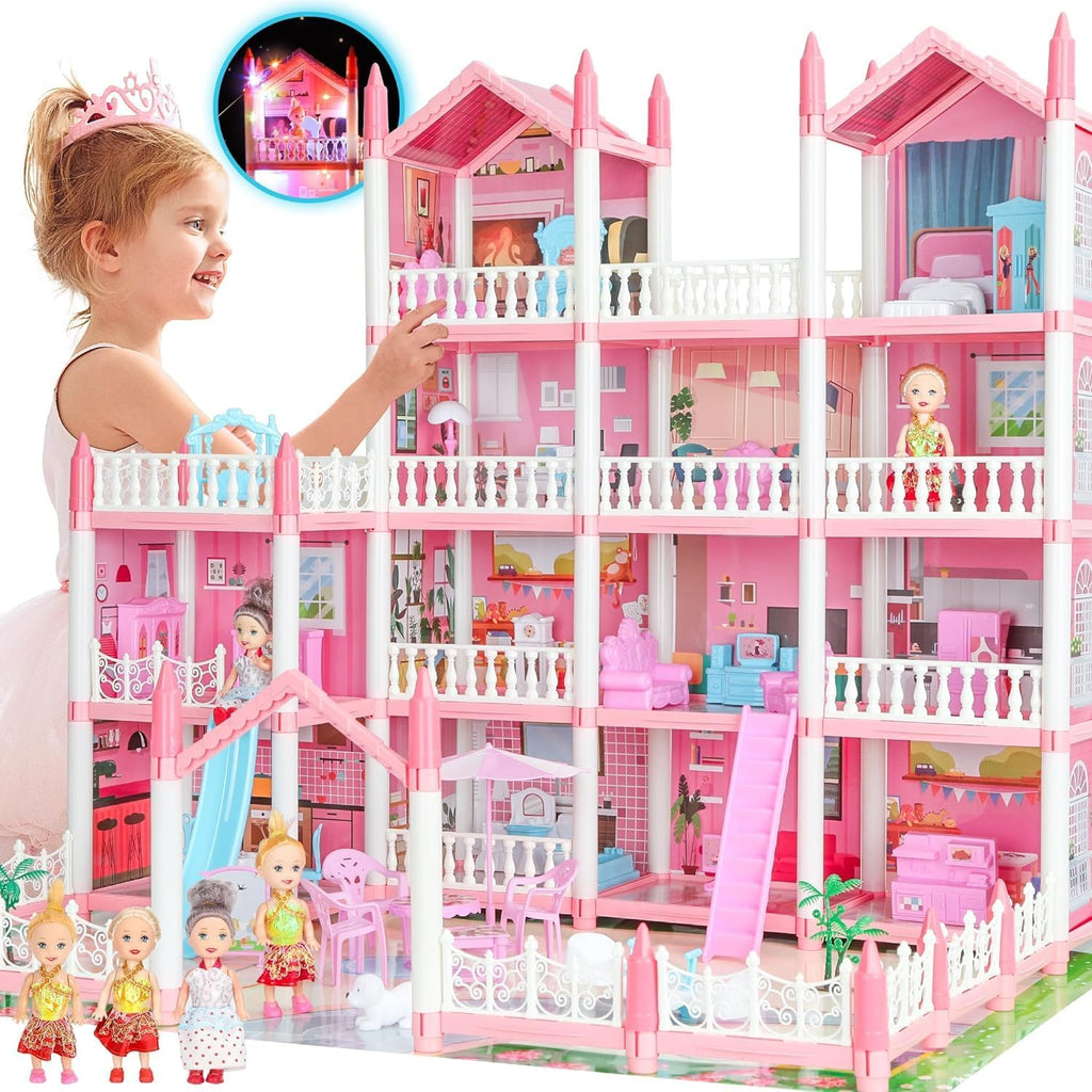 4-Story 15 Rooms Dollhouse with 3 Dolls, Lights, Furniture and Accessories P29161