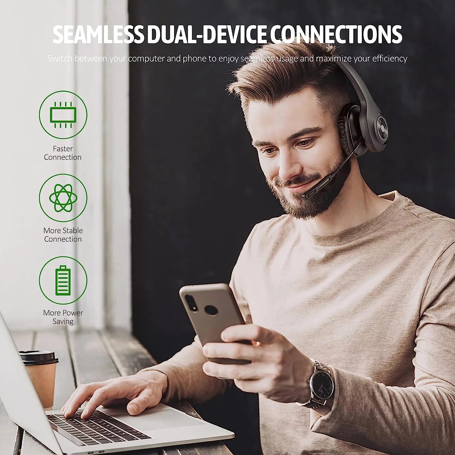 Bluetooth Headset with Microphone Noise Cancelling, 55H Talk Time N266